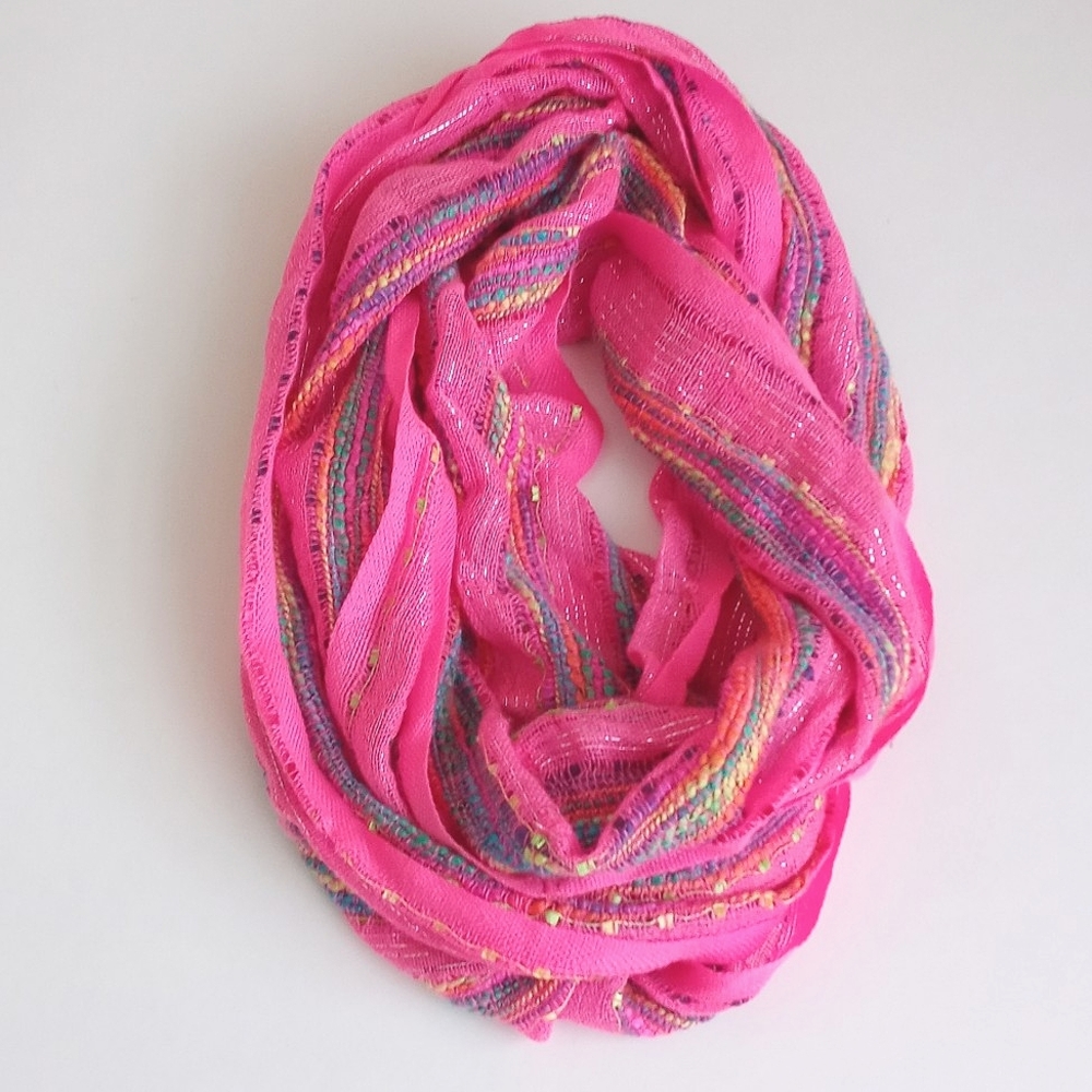 Hot Pink Green Yellow Multi Color Infinity Scarf with Silver Metallic Threading